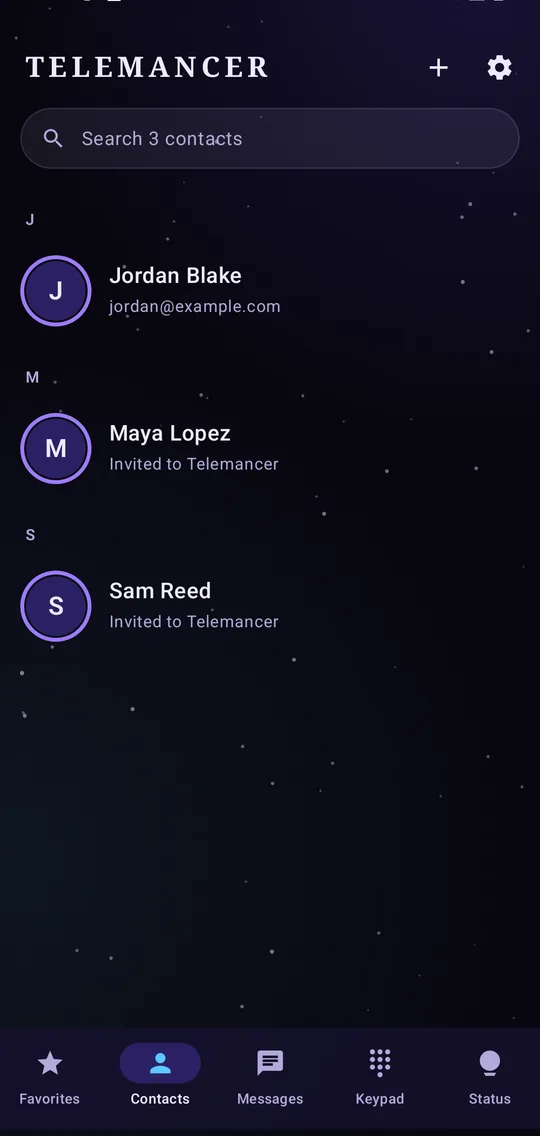 The contacts tab, with friends on Telemancer and friends who have been invited.