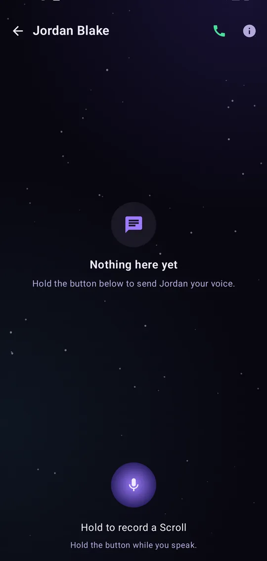 An empty conversation with a Hold to record a Scroll button.