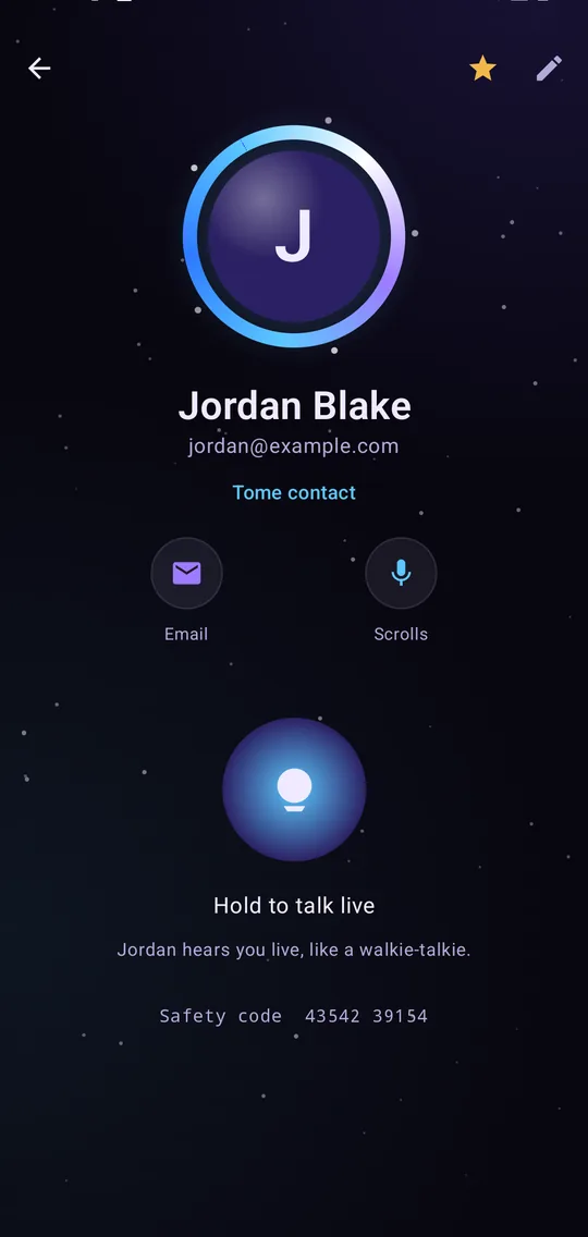 A contact's page in Telemancer, with a glowing Hold to talk live button.