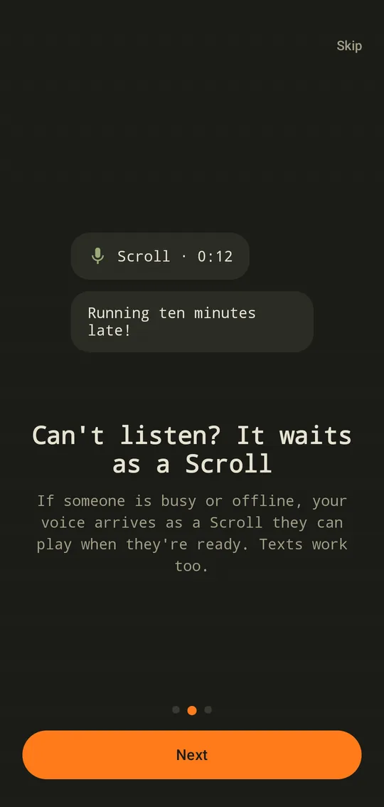 A Scroll with its words written out: Running ten minutes late!