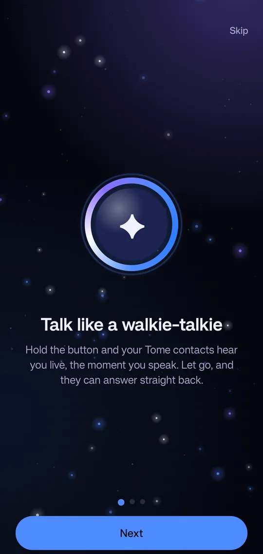 The welcome screen: Talk like a walkie-talkie.